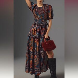 Anthropologie FARM RIO SHORT-SLEEVE CREW-NECK TIERED A-LINE MAXI DRESS NWT